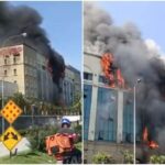 A fire breaks out in the former pension fund building