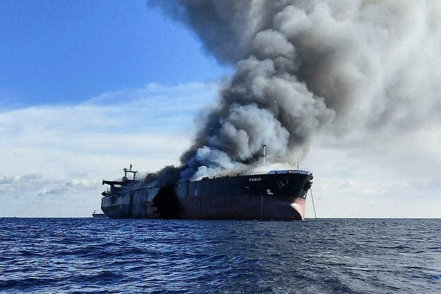 An oil tanker has been set on fire in the South China Sea