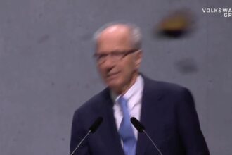 Protester throws pie at VW chairman during AGM